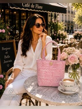 Pink NIP Chanel Beauty GWP Logo Repeat Tote with Gold Emblem